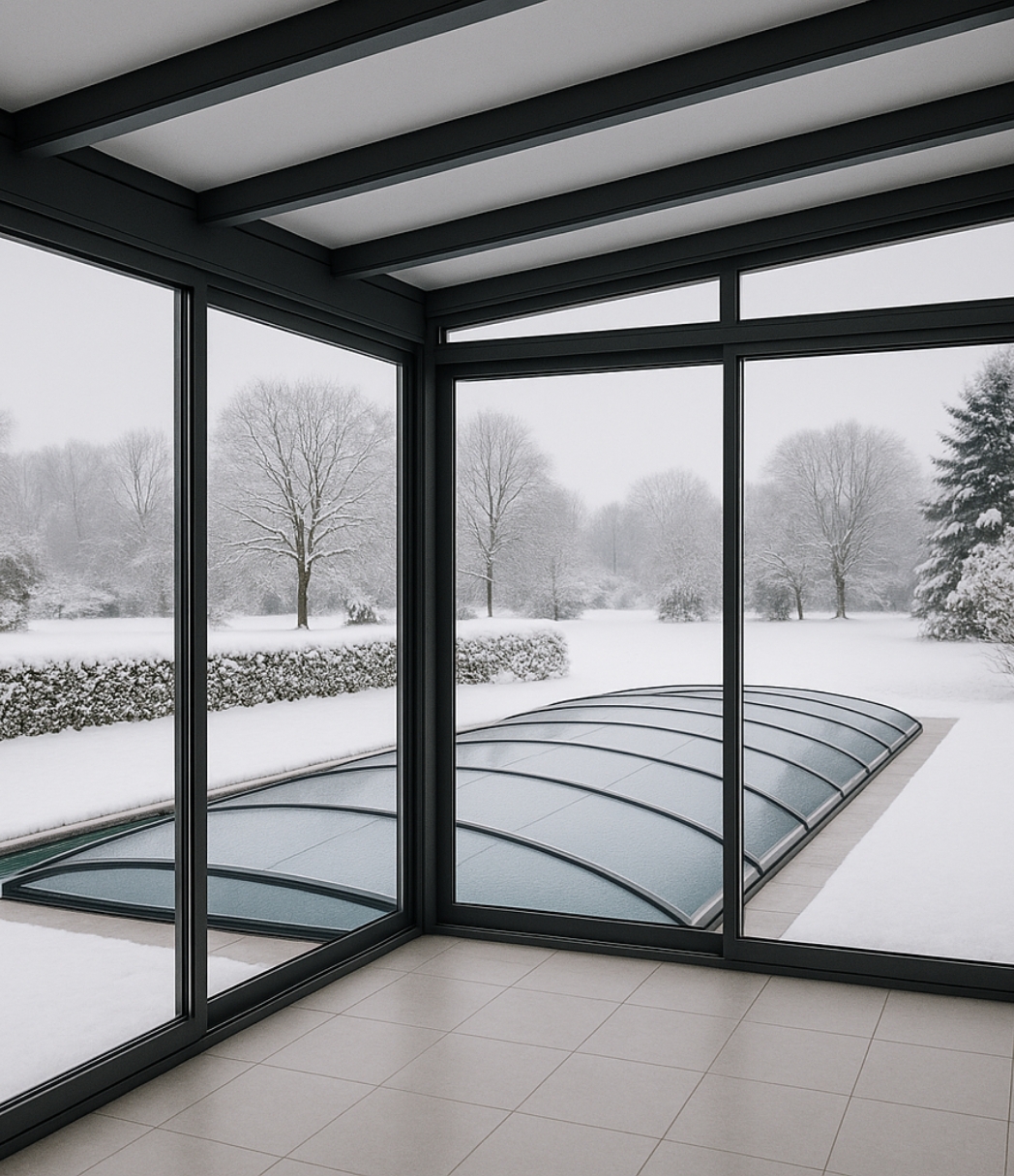 geschlossener Pool aus Wintergarten heraus betrachtet
