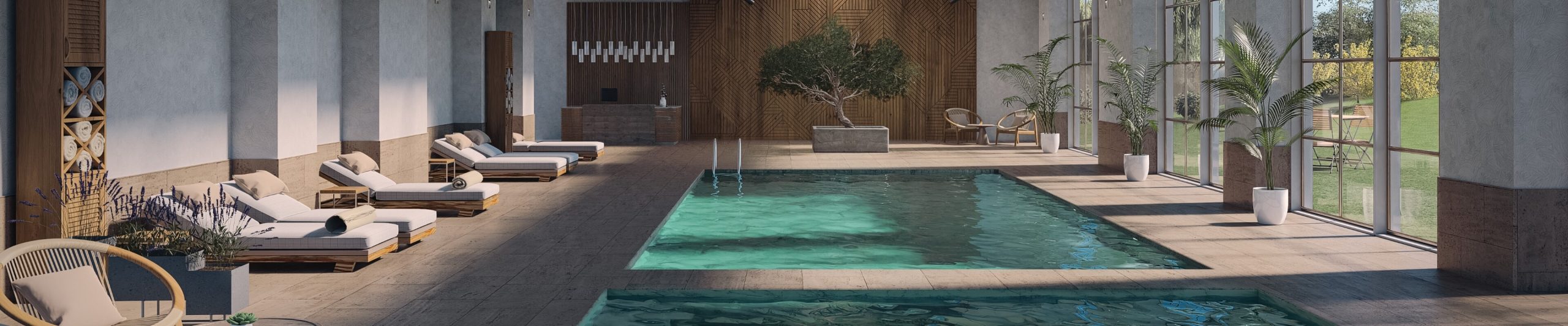 Rendering eines lichtdurchfluteten Indoor-Pools mit beigestellten Liegen, moderner Deko und geschmackvoller Begrünung des Raums
